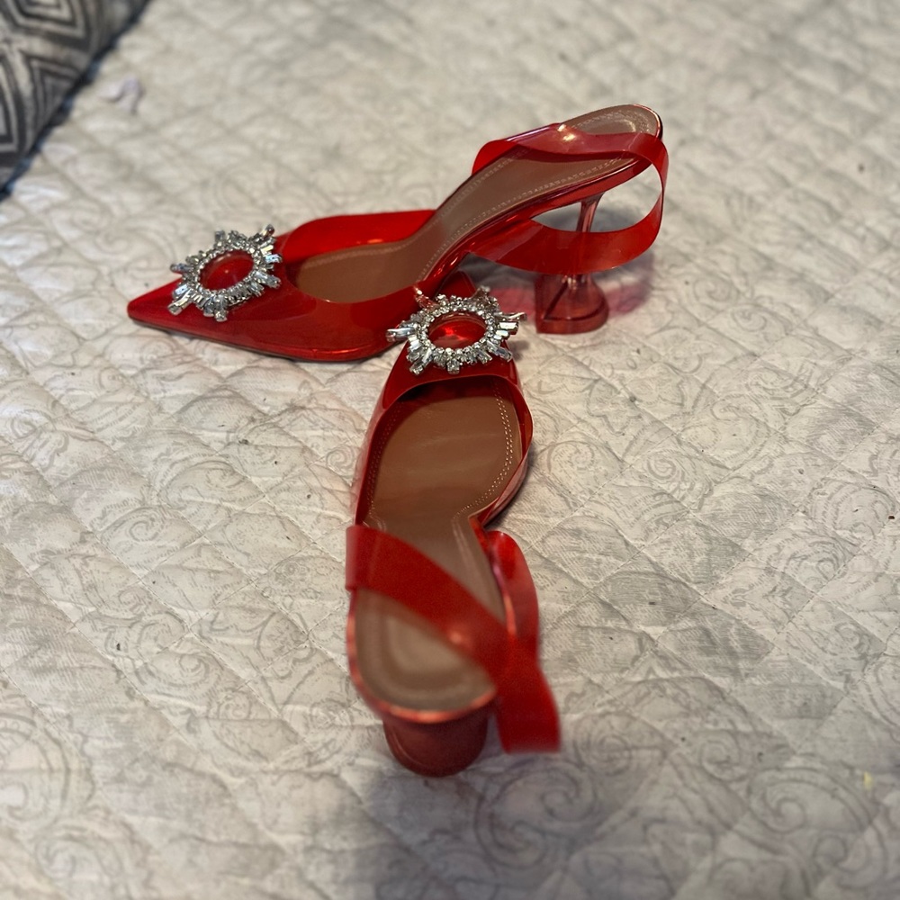 Red Sling Back Pumps with Brooch